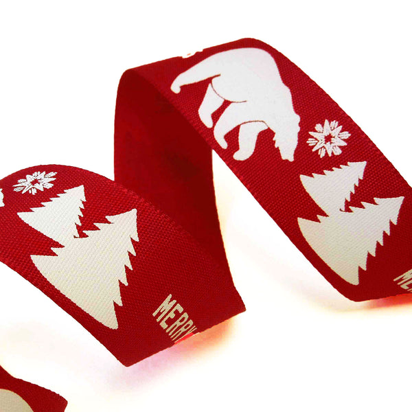 Merry Xmas Polar Bear Ribbon - Red - Berisfords - 25mm