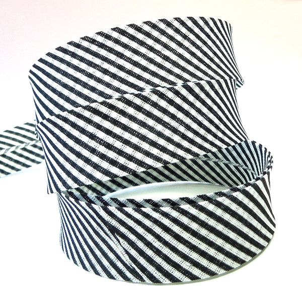 20mm Cotton Bias Binding - Striped - Black - Single Fold