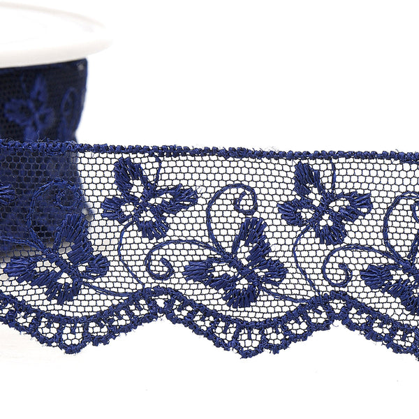 35mm Embroidered Lace Tulle - Butterfly - Navy Blue - Stephanoise