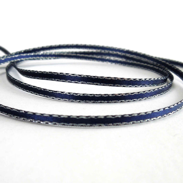 Silver Metallic Edge Satin Ribbon - Navy Blue - Berisfords - 3mm - 7mm