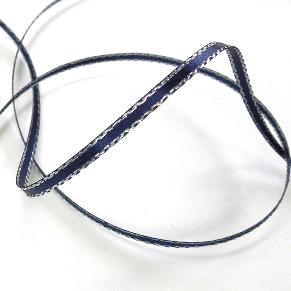 Silver Metallic Edge Satin Ribbon - Navy Blue - Berisfords - 3mm - 7mm