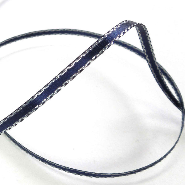 Silver Metallic Edge Satin Ribbon - Navy Blue - Berisfords - 3mm - 7mm