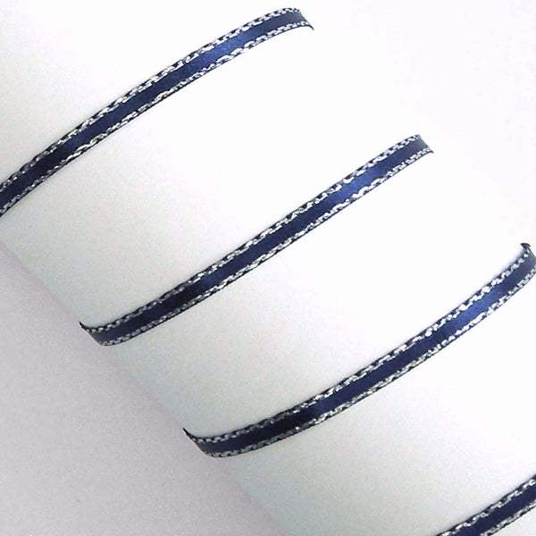 Silver Metallic Edge Satin Ribbon - Navy Blue - Berisfords - 7mm