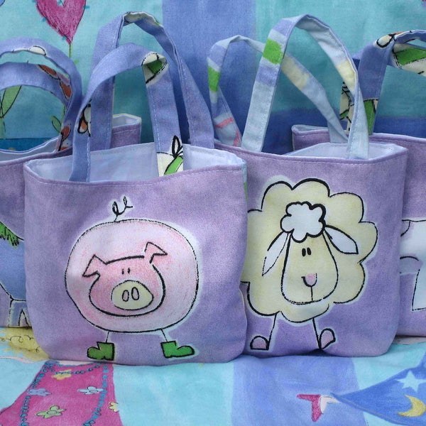 Kid's Cute Sheep Mini Handbag handmade in lilac animal print cotton and fully lined. Mini Tote Bag, Children's Shopping Bag