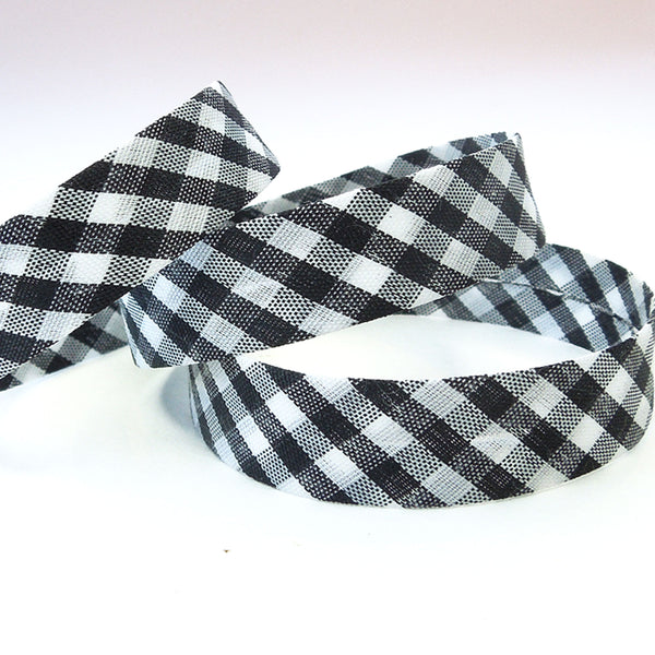 15mm Gingham Bias Binding - Black - Single Fold