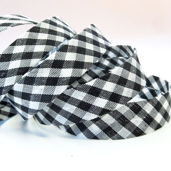 15mm Gingham Bias Binding - Black - Single Fold