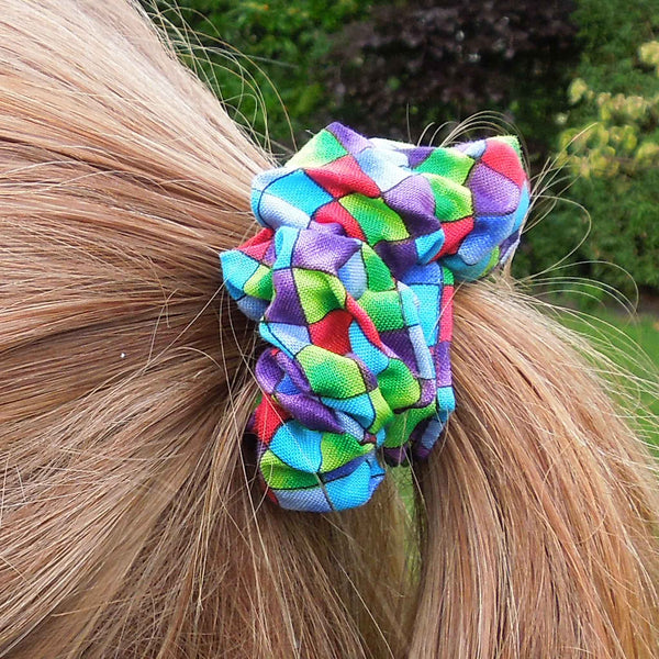 Cotton Scrunchies - Set of 2 on Gift Card - Bright Checks - Blue Checks - Handmade in Pure Cotton