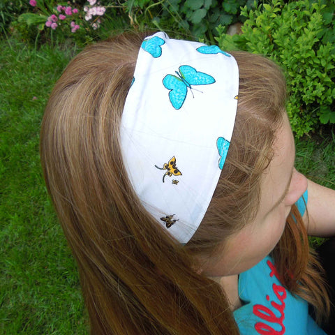 Scrunchie - Hairband - Bandana - White Blue Butterfly - Organza Gift Bag - Handmade in Pure Cotton