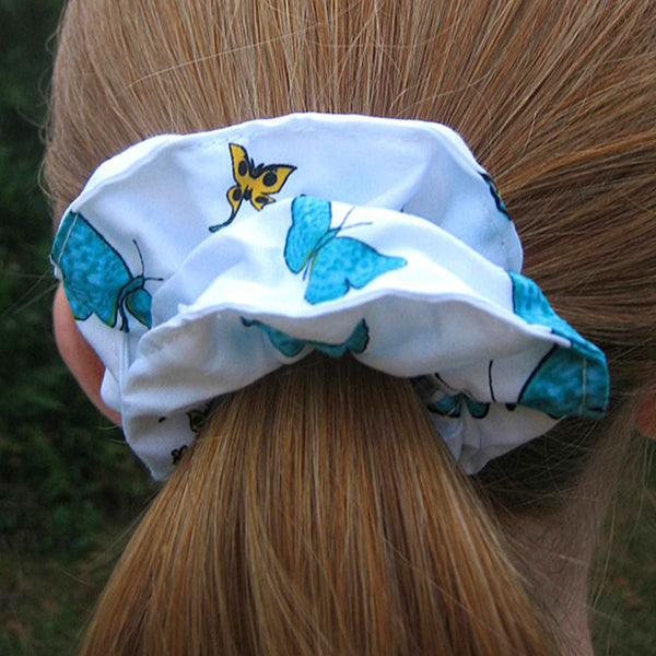 Cotton Scrunchies - Set of 2 on Gift Card - Turquoise Butterflies - Handmade in Pure Cotton