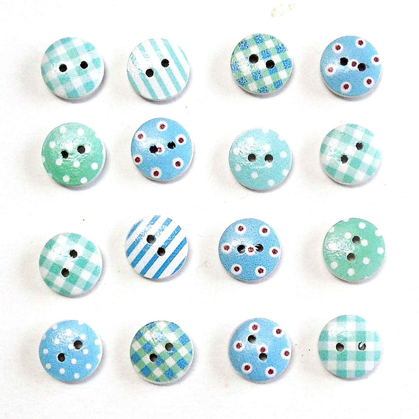 15mm Patterned Wooden Craft Buttons - Blue - Pack of 16