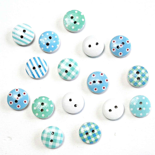 15mm Patterned Wooden Craft Buttons - Blue - Pack of 16