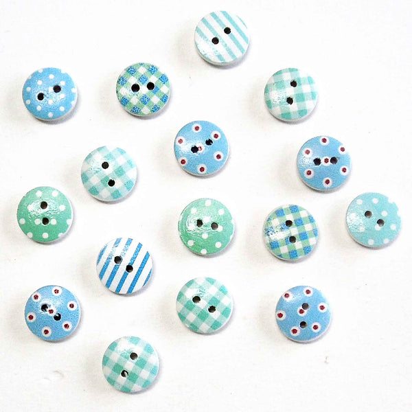 15mm Patterned Wooden Craft Buttons - Blue - Pack of 16