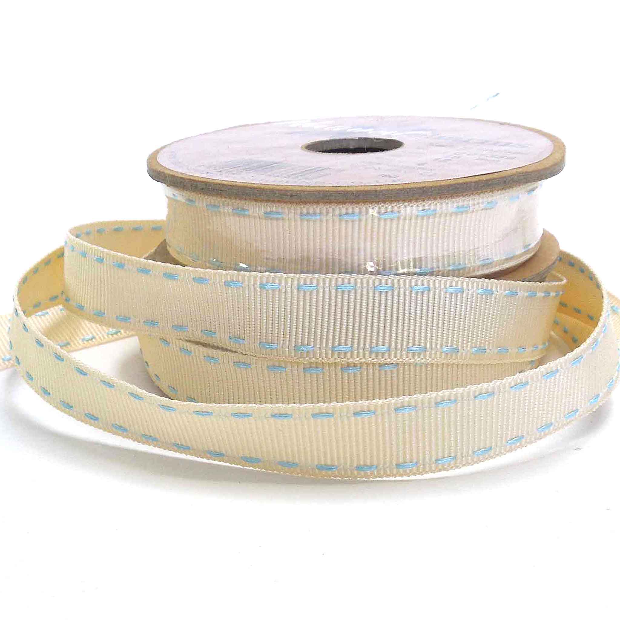 15mm Stitched Grosgrain Ribbon - Ivory and Sky Blue - Berisfords - 4 Metre Reel