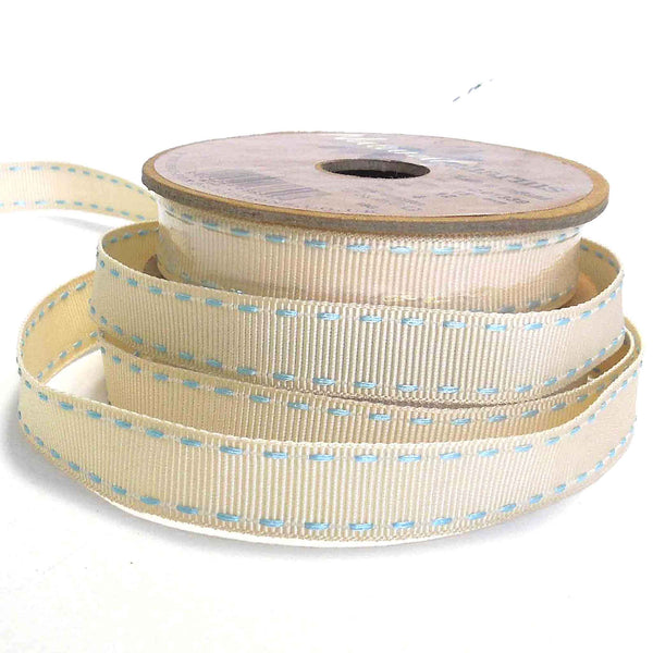 15mm Stitched Grosgrain Ribbon - Ivory and Sky Blue - Berisfords - 4 Metre Reel