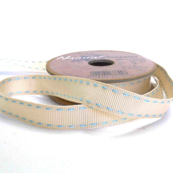 15mm Stitched Grosgrain Ribbon - Ivory and Sky Blue - Berisfords - 4 Metre Reel