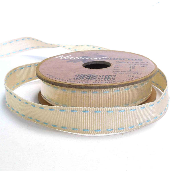 15mm Stitched Grosgrain Ribbon - Ivory and Sky Blue - Berisfords - 4 Metre Reel