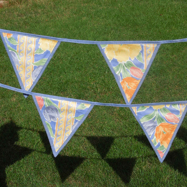 Cotton Bunting - Coloured Flowers on Blue - Handmade