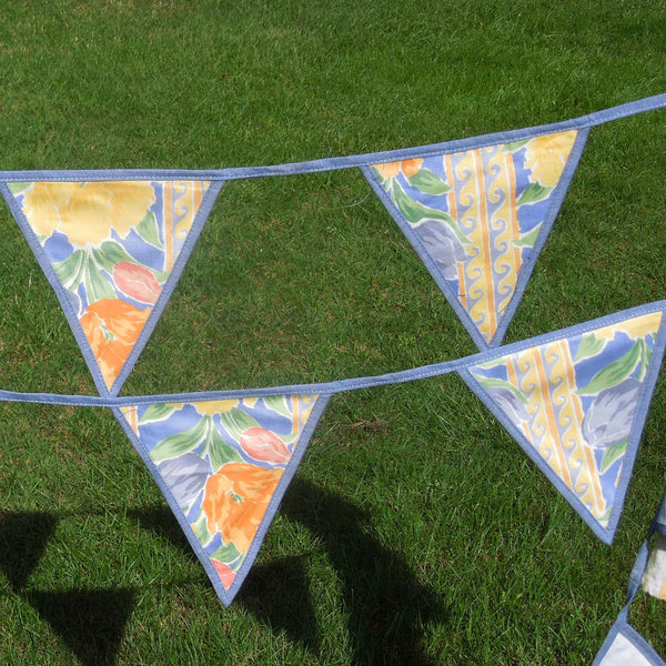 Cotton Bunting - Coloured Flowers on Blue - Handmade