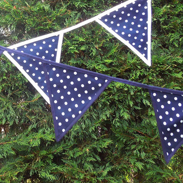 Cotton Bunting - White on Navy Blue - Blue Edging - Handmade