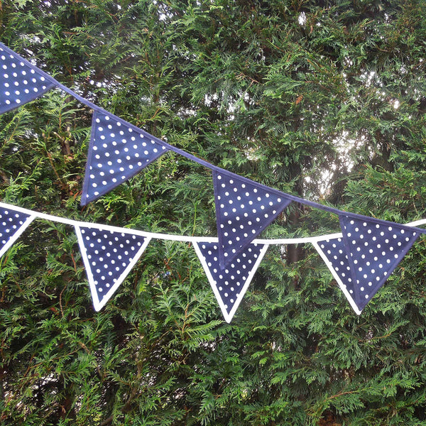 Cotton Bunting - White on Navy Blue - Blue Edging - Handmade