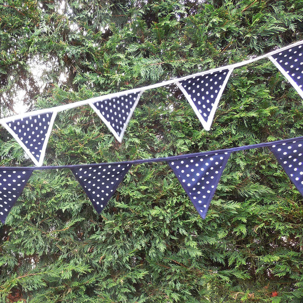 Cotton Bunting - White on Navy Blue - Blue Edging - Handmade