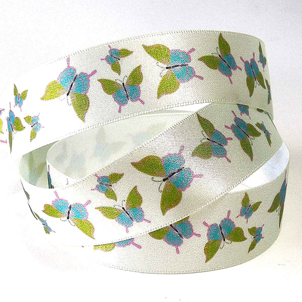 25mm Pale Green Butterfly Double Sided Satin Ribbon - Berisfords