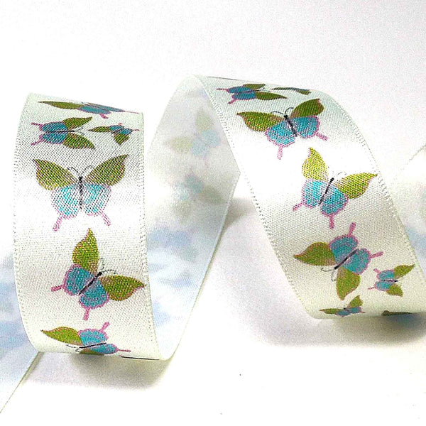 25mm Pale Green Butterfly Double Sided Satin Ribbon - Berisfords