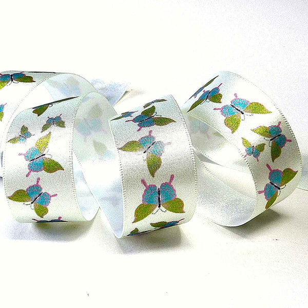 25mm Pale Green Butterfly Double Sided Satin Ribbon - Berisfords