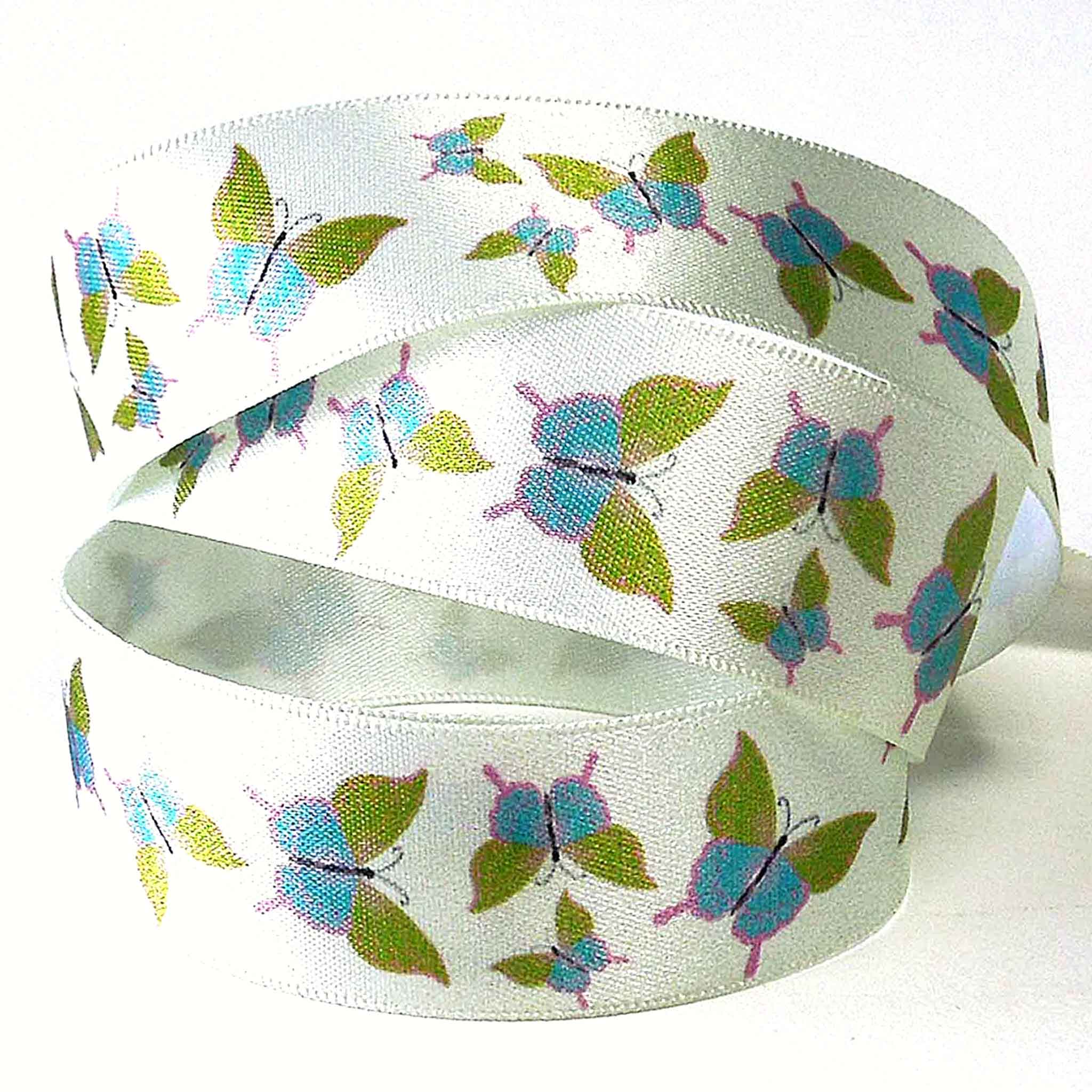 25mm Pale Green Butterfly Double Sided Satin Ribbon - Berisfords