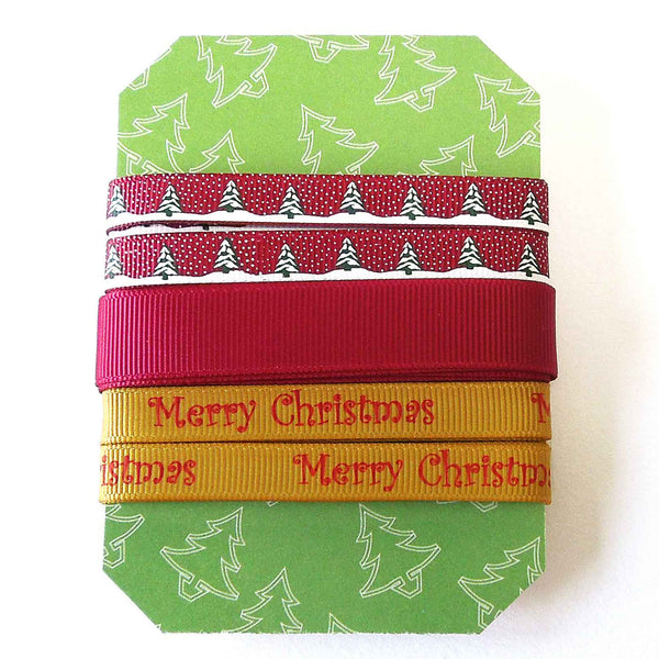 Christmas Ribbon Collection - Red Trees and Gold Merry Christmas - 3 Metres