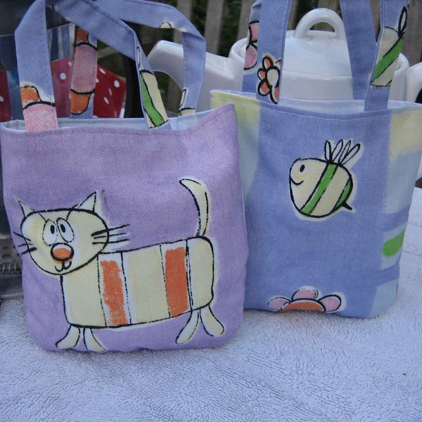 Carrie the Cat Mini Cotton Handbag - Handmade - Fully lined - Mini Tote Bag