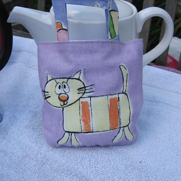 Carrie the Cat Mini Cotton Handbag - Handmade - Fully lined - Mini Tote Bag