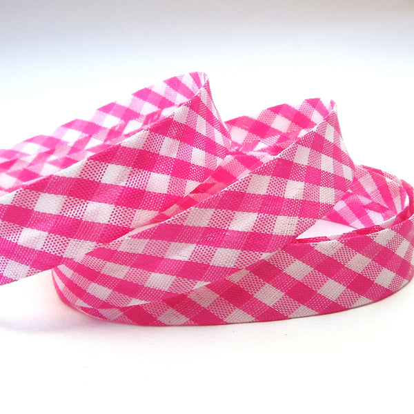 15mm Gingham Bias Binding - Cerise Pink - Single Fold