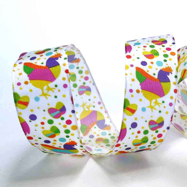 25mm Multicoloured Chickens and Eggs Taffeta Wired Ribbon