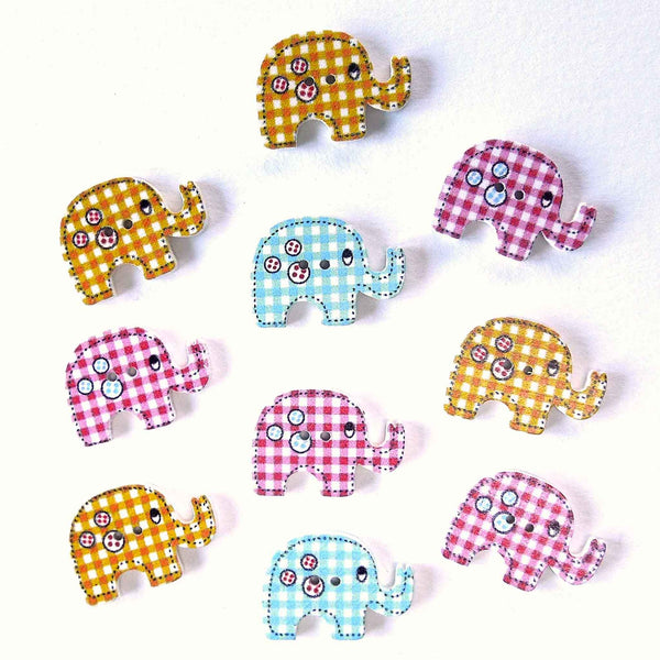 Coloured Elephant Wood Buttons - 2 Holes - Pack of 10 Buttons