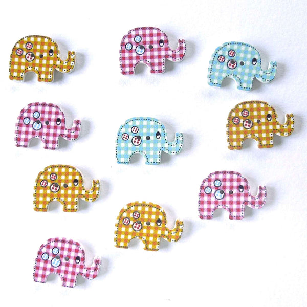 Coloured Elephant Wood Buttons - 2 Holes - Pack of 10 Buttons