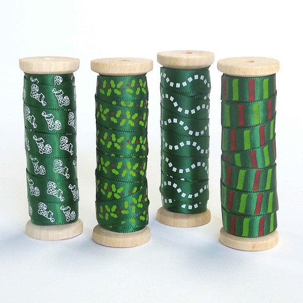 10mm Christmas Holly Green Satin Ribbon on Wooden Bobbin - 3 Metres