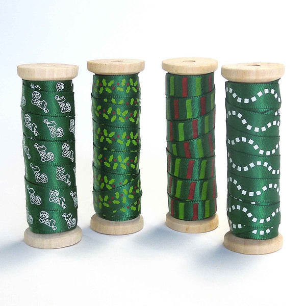 10mm Christmas Stocking Green Satin Ribbon on Wooden Bobbin - 3 Metres