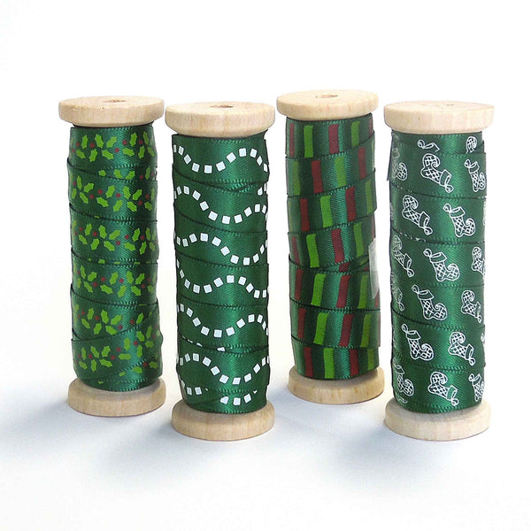 10mm Christmas Stocking Green Satin Ribbon on Wooden Bobbin - 3 Metres