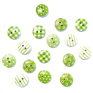 15mm Patterned Wooden Craft Buttons - Green - Pack of 16