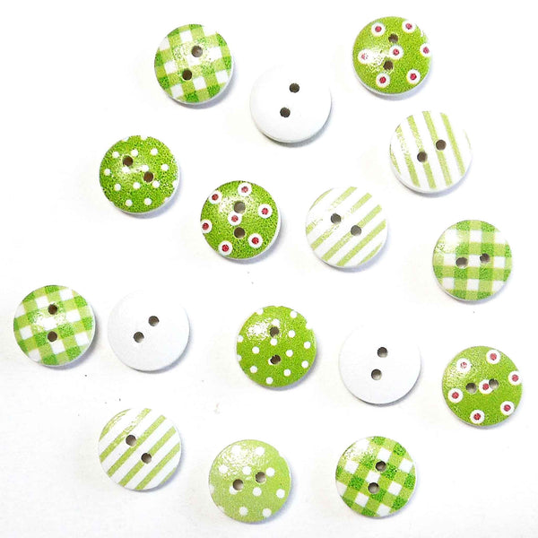 15mm Patterned Wooden Craft Buttons - Green - Pack of 16