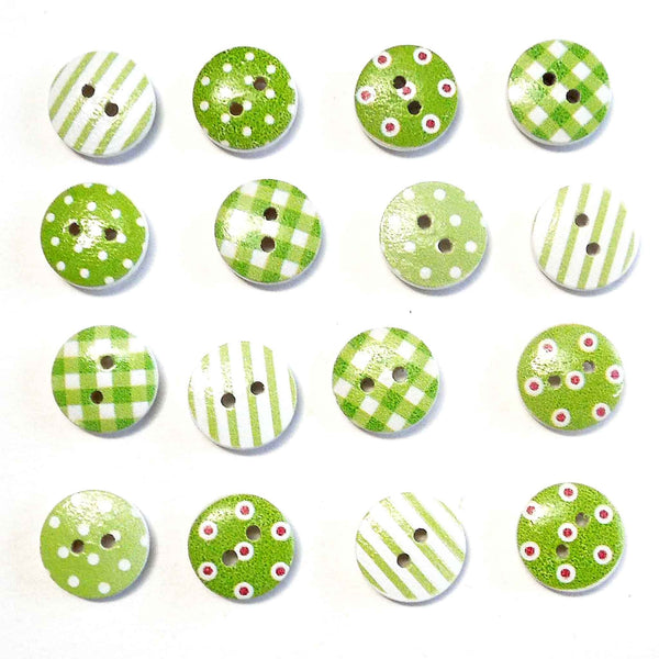 15mm Patterned Wooden Craft Buttons - Green - Pack of 16