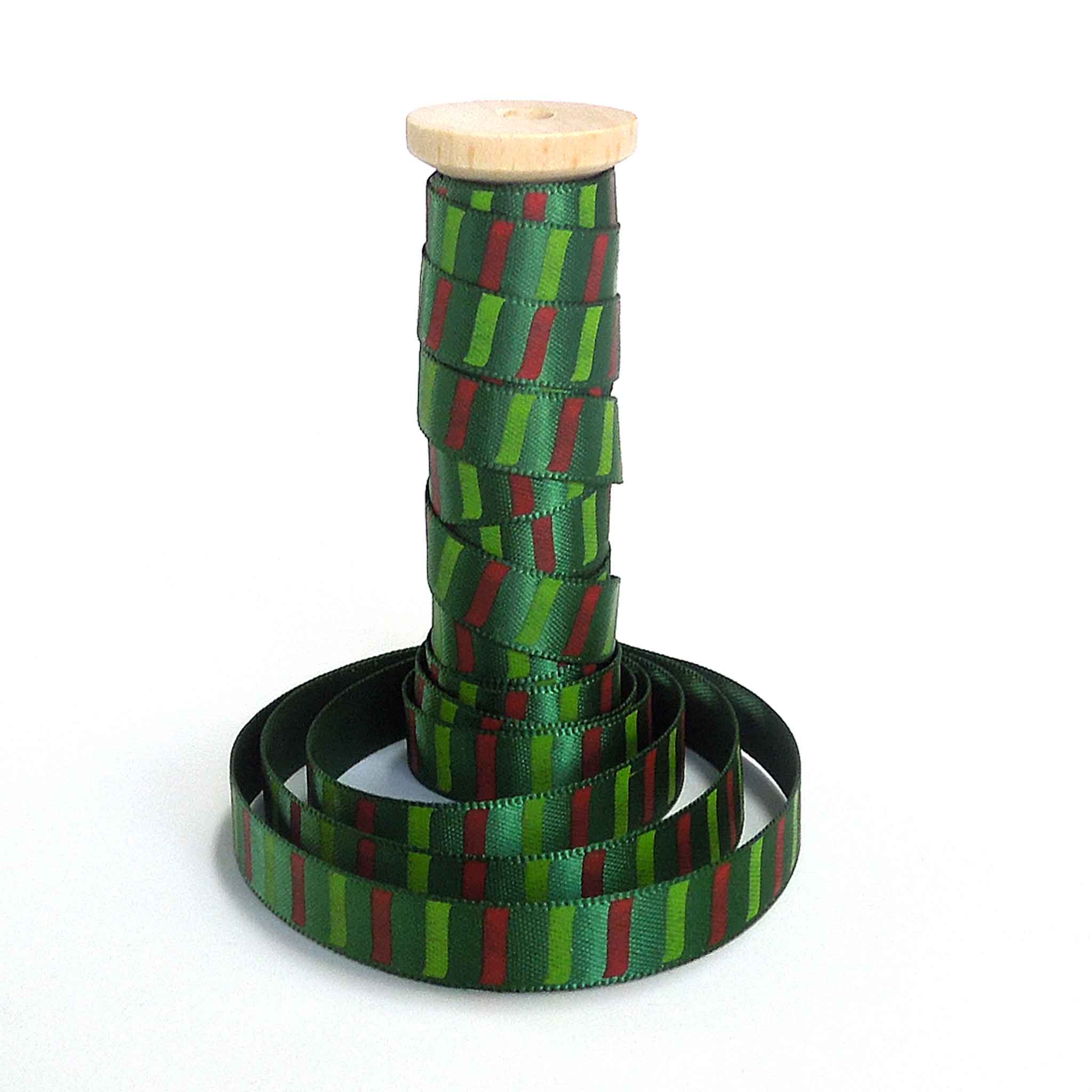 10mm Green and Red Lines on Green Satin Ribbon on Wooden Bobbin - 3 Metres