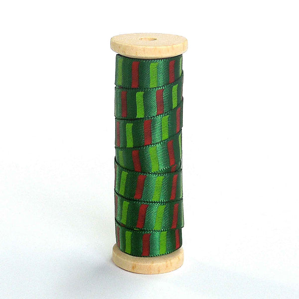 10mm Green and Red Lines on Green Satin Ribbon on Wooden Bobbin - 3 Metres