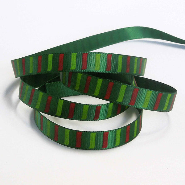 10mm Green and Red Lines on Green Satin Ribbon on Wooden Bobbin - 3 Metres