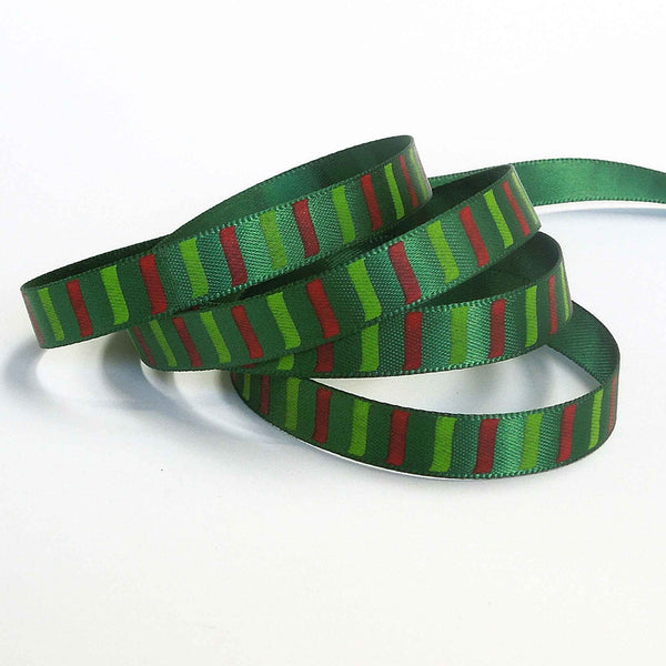 10mm Green and Red Lines on Green Satin Ribbon on Wooden Bobbin - 3 Metres