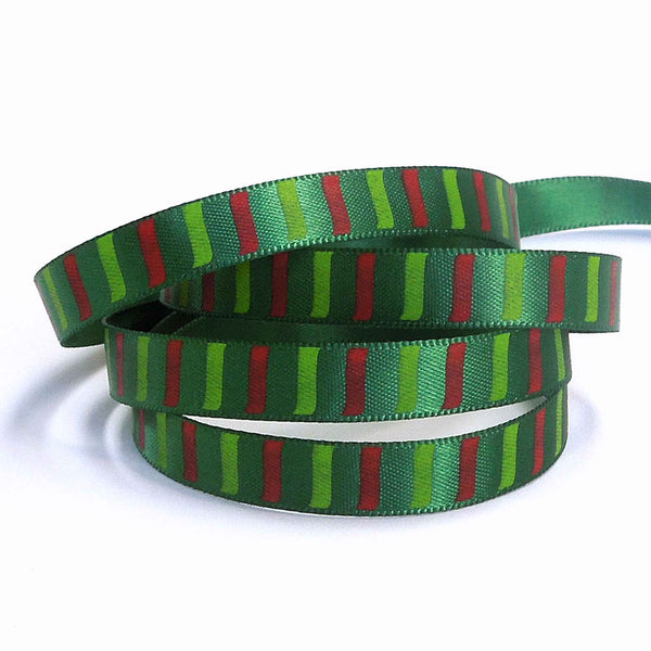 10mm Green and Red Lines on Green Satin Ribbon on Wooden Bobbin - 3 Metres