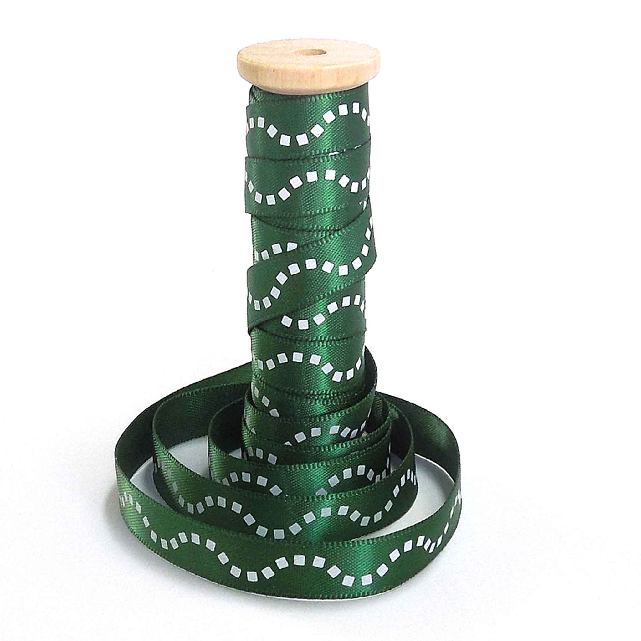 10mm White Dotted Lines on Green Satin Ribbon on Wooden Bobbin - 3 Metres