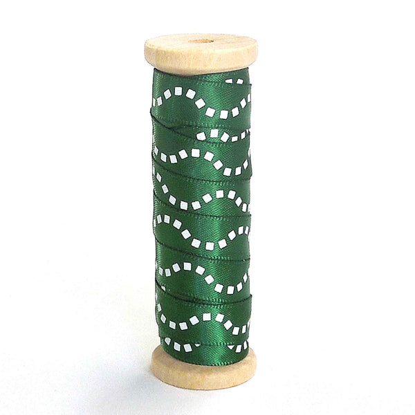 10mm White Dotted Lines on Green Satin Ribbon on Wooden Bobbin - 3 Metres