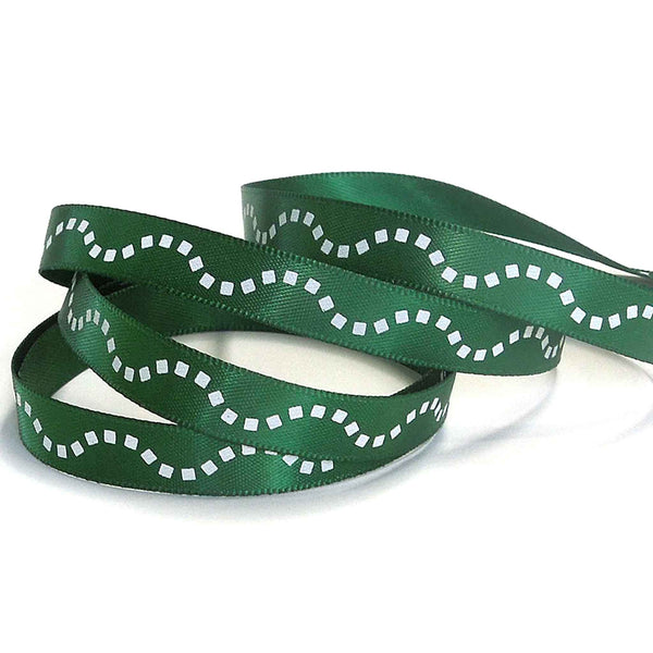 10mm White Dotted Lines on Green Satin Ribbon on Wooden Bobbin - 3 Metres